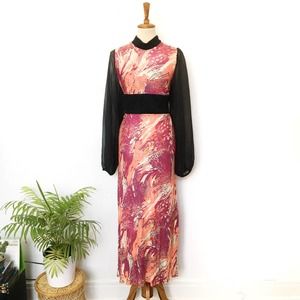 Vintage 60's 70's Pink & black psychedelic high collar dress Size Medium Large